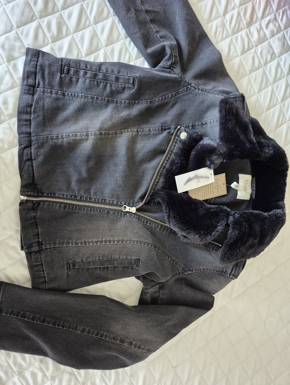 Jessica Simpson Black Faux Fur Collar Denim Jacket